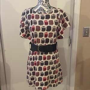 Chic Owl Patterned Mini Dress with Belt